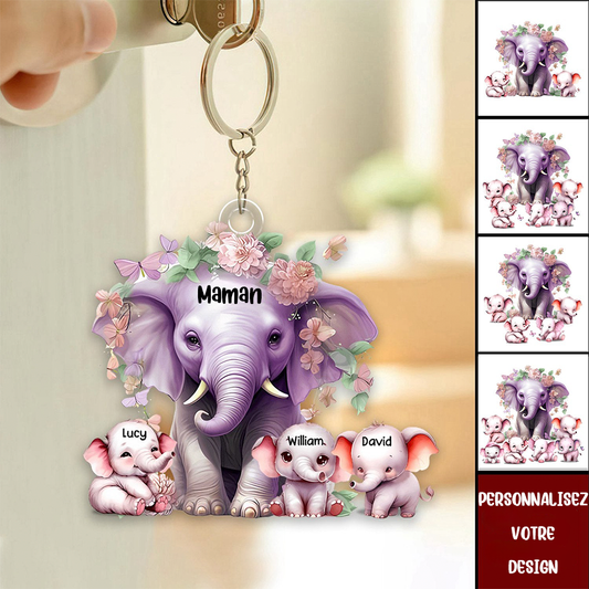 Porte-clés personnalisé en acrylique avec maman éléphant et bébés éléphants