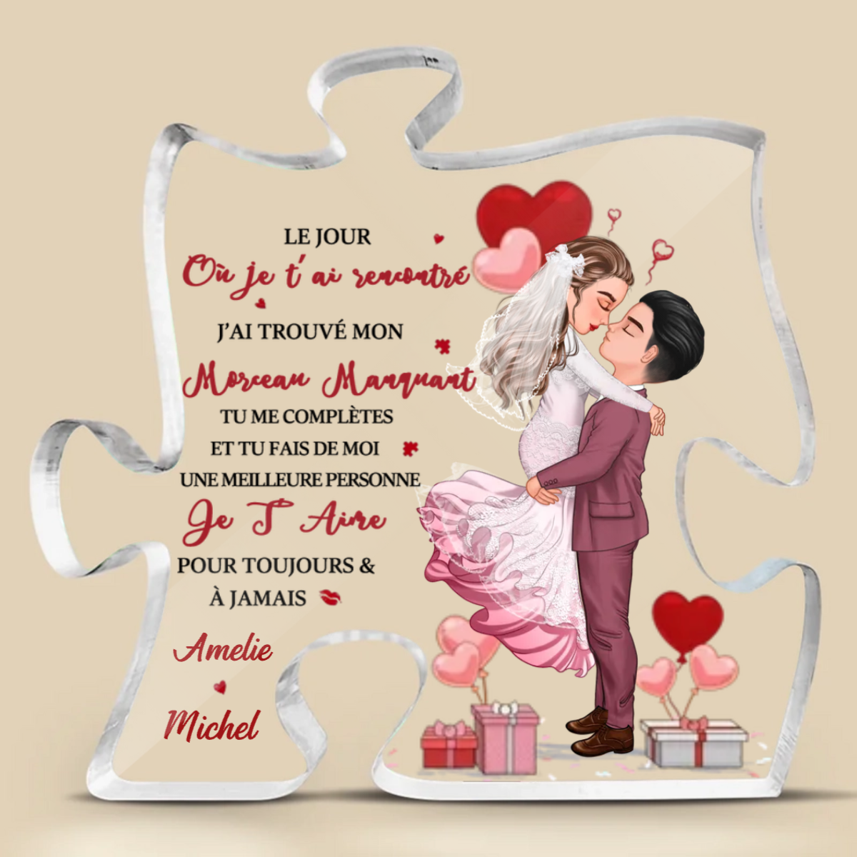 Plaque acrylique puzzle personnalisée pour couple d'amoureux