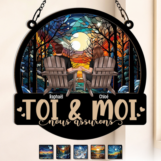 Fenêtres personnalisées en acrylique et en bois Attrape-soleil ornemental pour couple d'amoureux