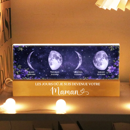 Fleurs violettes – Veilleuse LED personnalisée avec phases de lune et texte – Cadeau pour maman et mamie
