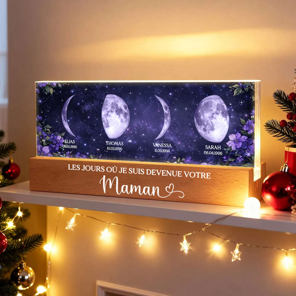 Fleurs violettes – Veilleuse LED personnalisée avec phases de lune et texte – Cadeau pour maman et mamie