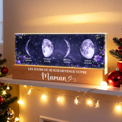Fleurs violettes – Veilleuse LED personnalisée avec phases de lune et texte – Cadeau pour maman et mamie