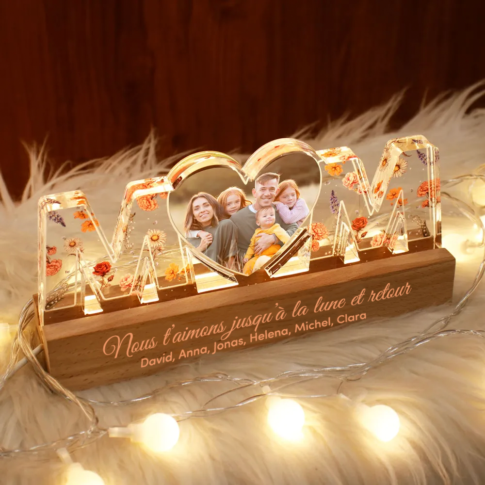 Veilleuse personnalisée "MOM" avec photo et fleurs de naissance pour maman