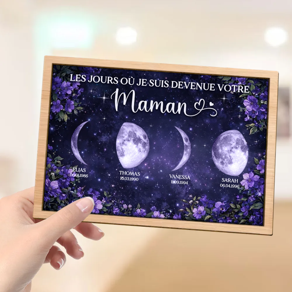 Fleurs violettes et phases de lune – Présentoir en bois personnalisé – Cadeau pour maman