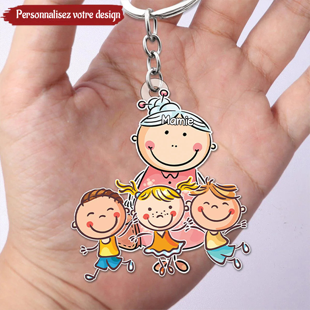 Porte-clés en acrylique personnalisé "Grand-mère et enfants en dessin animé"