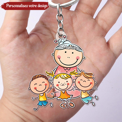 Porte-clés en acrylique personnalisé "Grand-mère et enfants en dessin animé"