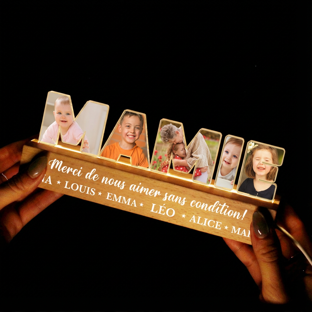 Veilleuse personnalisée avec photos, prénoms et texte – Cadeau pour maman et mamie