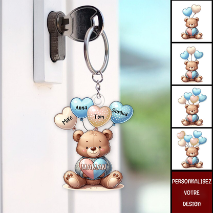 Porte-clés personnalisé « Amour d'ours avec ballons en forme de cœurs ».