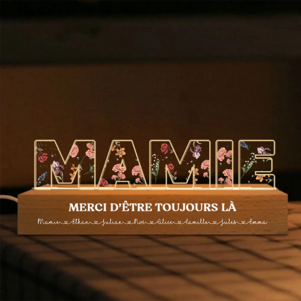 Maman - Veilleuse personnalisée avec fleurs de naissance