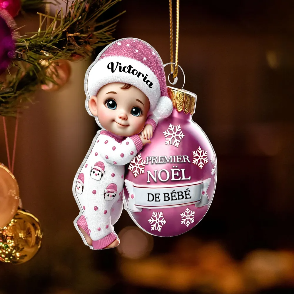 Ornement Plat Personnalisé en Acrylique 2D – Bébé Tenant une Boule pour Premier Noël