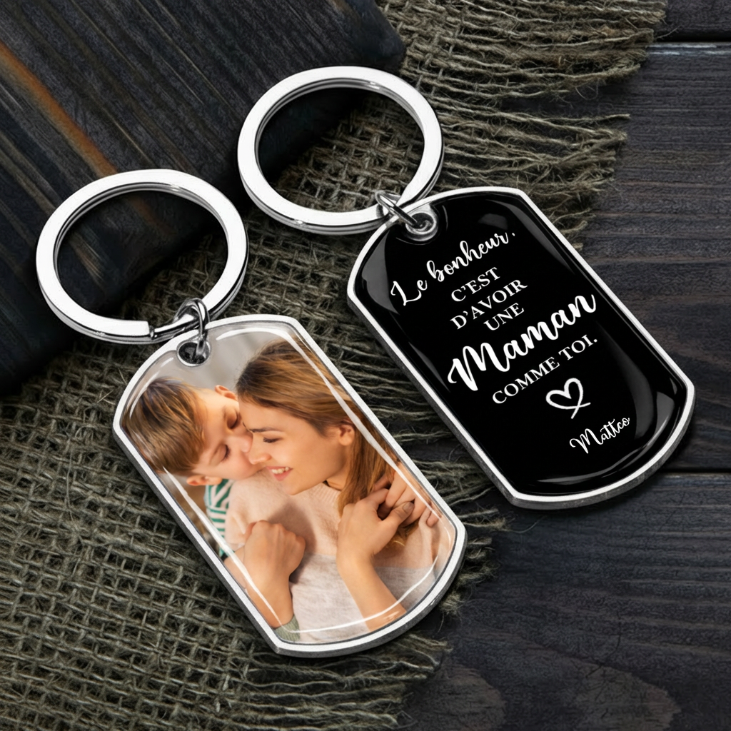 Porte-clés photo gravé en acier inoxydable avec résine époxy – Cadeau pour papa, maman, mamie et papi
