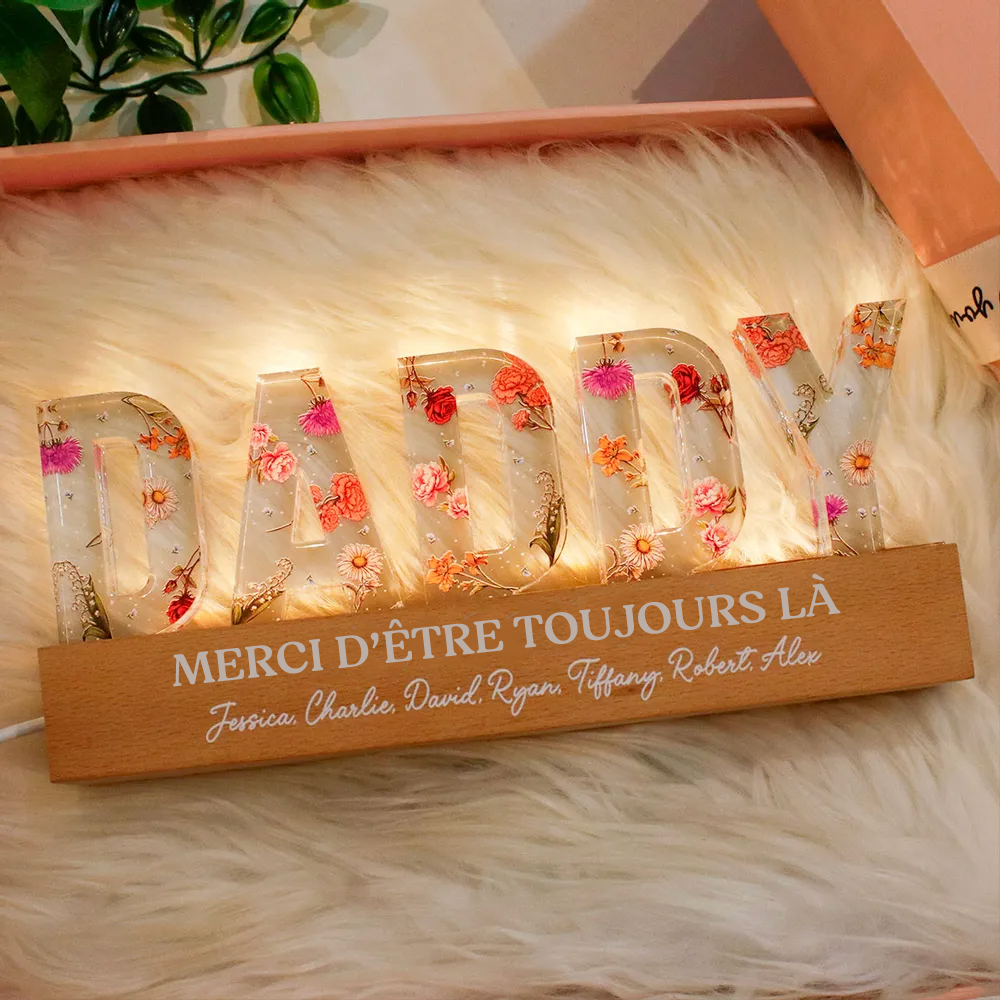 Veilleuse LED personnalisée DADDY avec fleurs de naissance, citations et prénoms – Cadeau pour papa