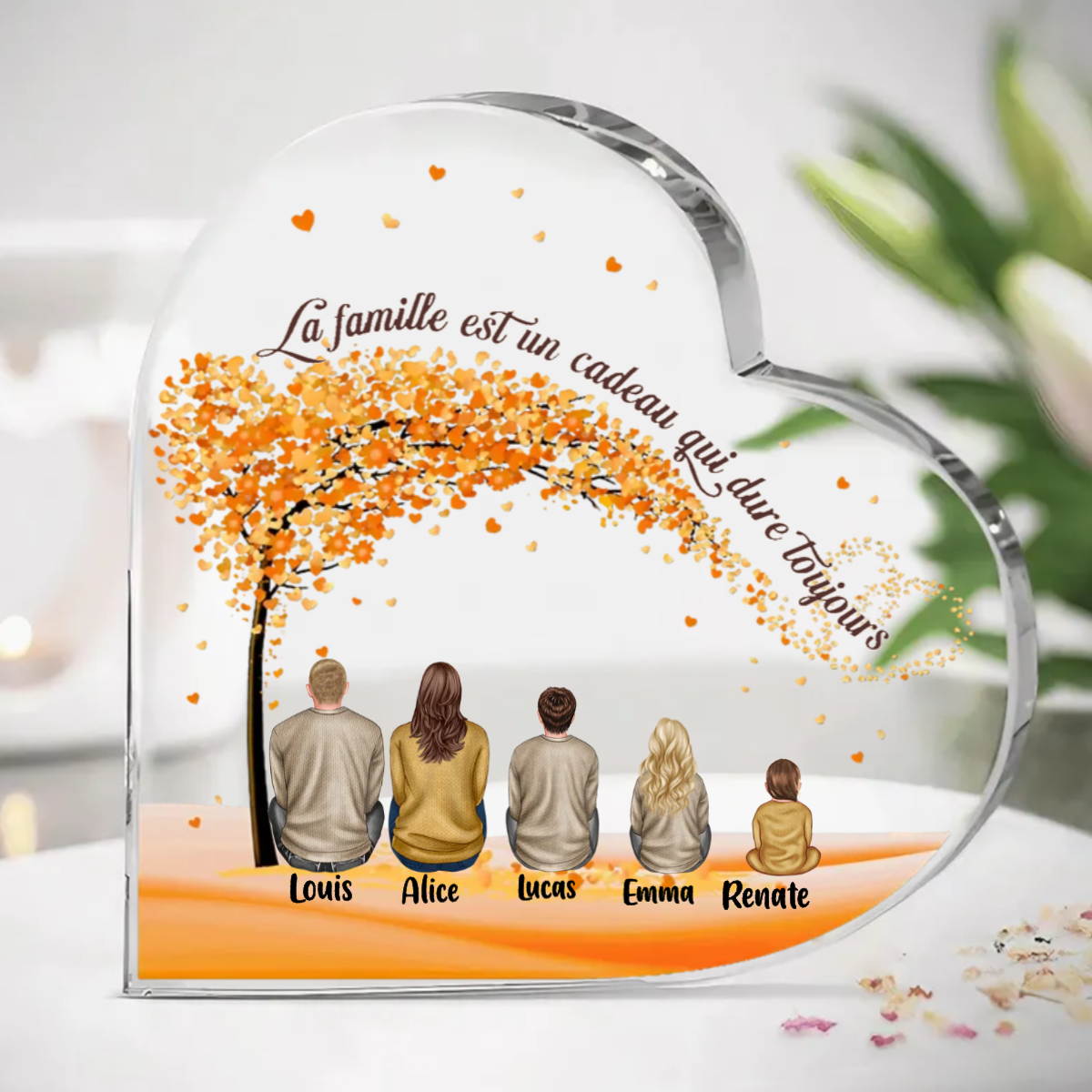 Cœur acrylique cerisier conçu 1-6 poupées avec des noms et des dictons cadeau de famille