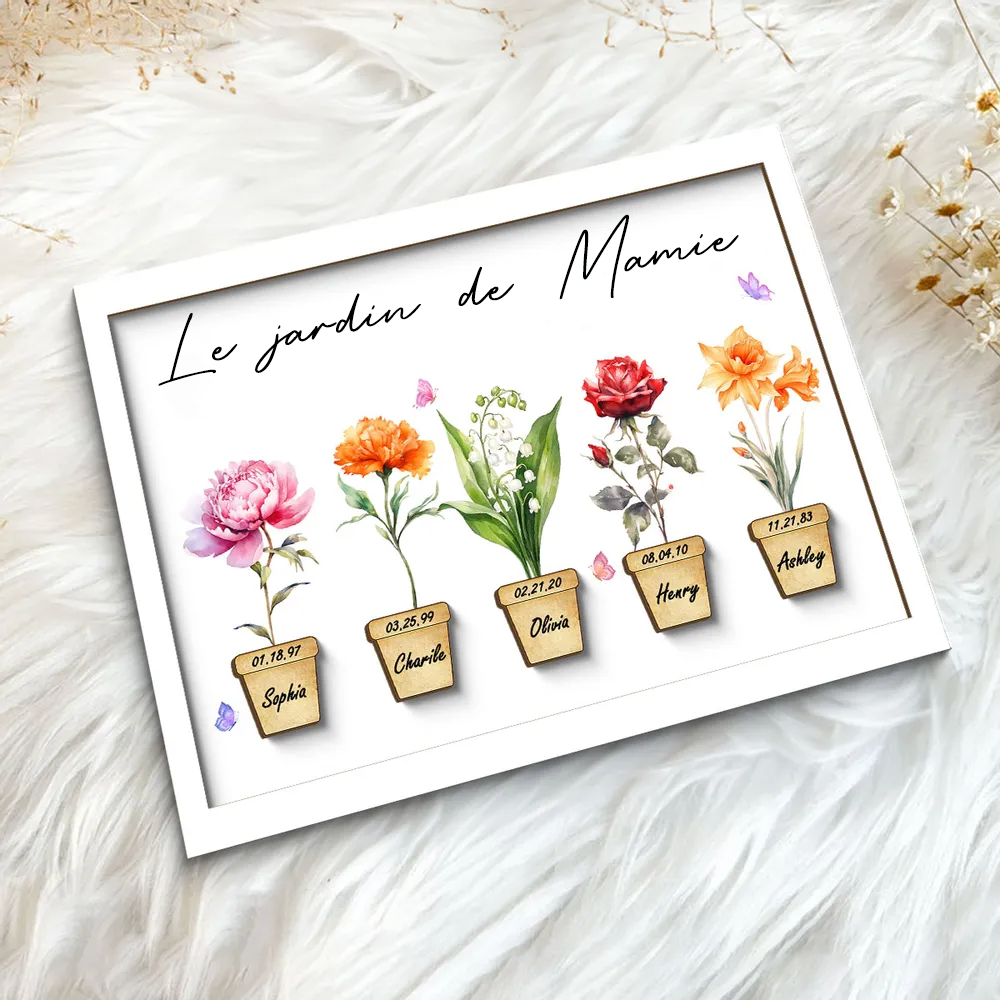 Tableau en bois personnalisé avec fleurs de naissance pour mamie et maman