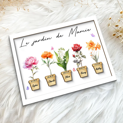 Tableau en bois personnalisé avec fleurs de naissance pour mamie et maman