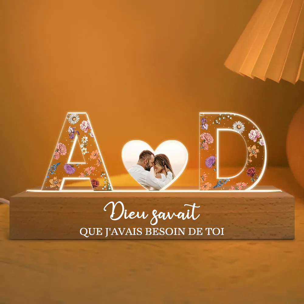 Veilleuse LED personnalisée avec 2 lettres, photo et texte