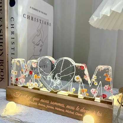 Veilleuse personnalisée "MOM" avec fleurs de naissance et motif main dans la main