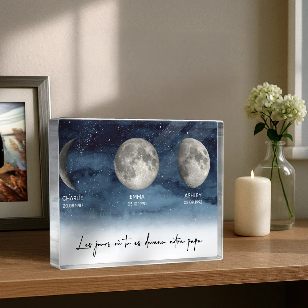 Bloc acrylique personnalisé avec phases lunaires et texte Cadeau pour papa et maman