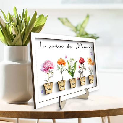 Tableau en bois personnalisé avec fleurs de naissance pour mamie et maman