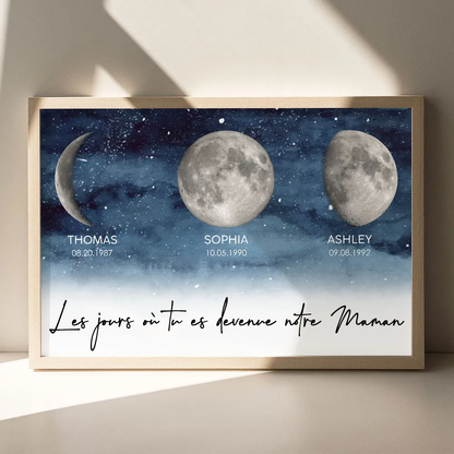 Affiche personnalisée des phases de la lune avec cadre en bois – Cadeau pour Maman et Papa