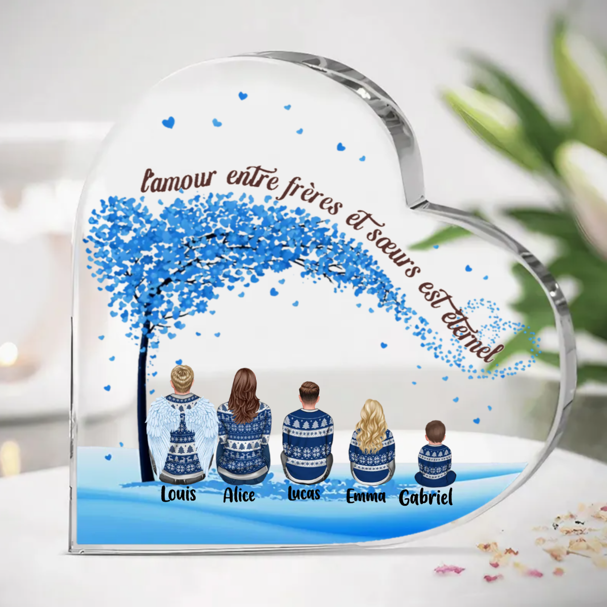 Cœur acrylique cerisier conçu 1-6 poupées avec des noms et des dictons cadeau de famille