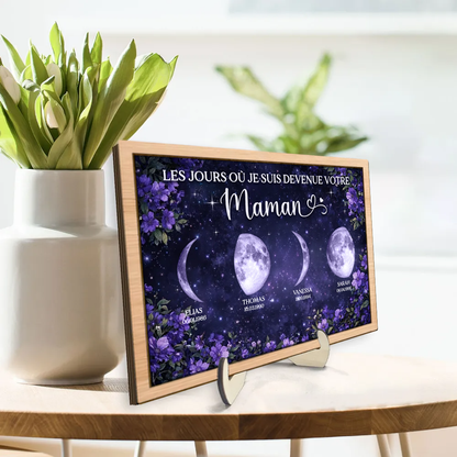 Fleurs violettes et phases de lune – Présentoir en bois personnalisé – Cadeau pour maman