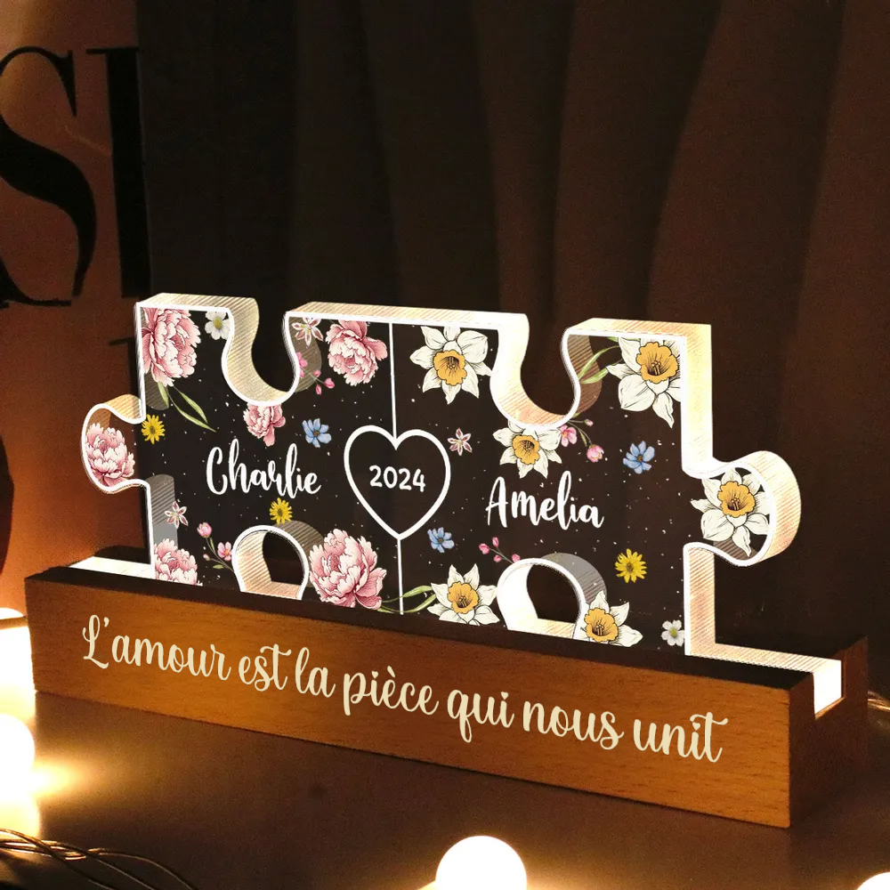 Lampe de nuit puzzle personnalisée avec fleurs de naissance pour couple amoureux