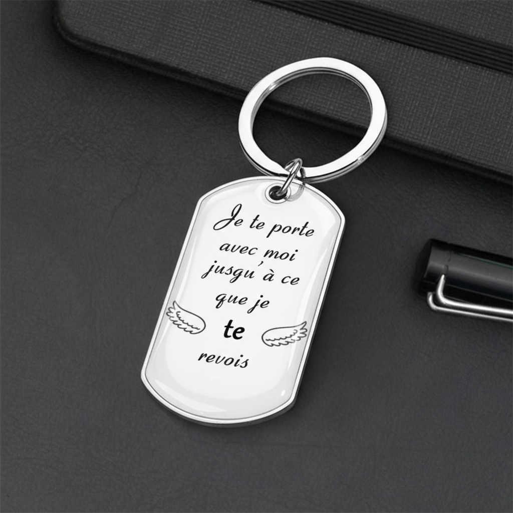 Porte-clés photo avec texte, porte-clés en acier inoxydable avec résine époxy Cadeau de deuil