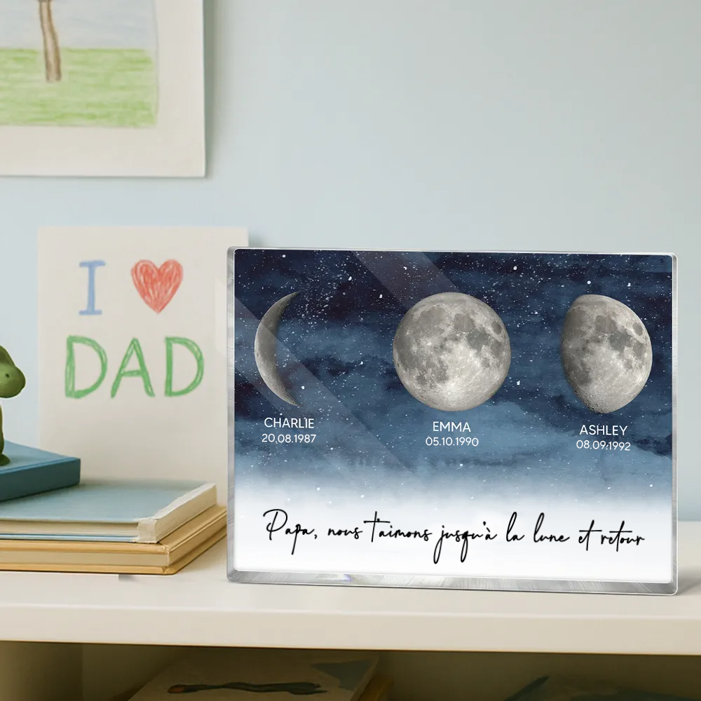 Bloc acrylique personnalisé avec phases lunaires et texte Cadeau pour papa et maman