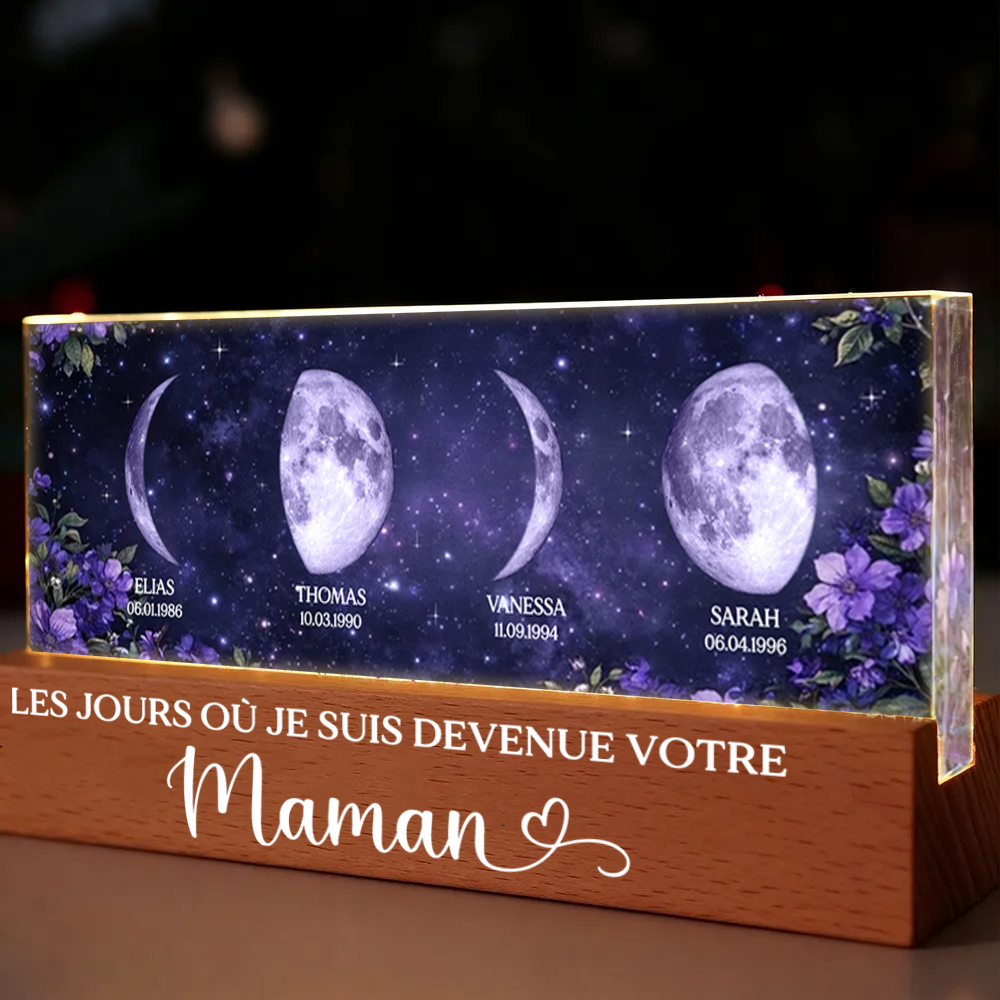 Fleurs violettes – Veilleuse LED personnalisée avec phases de lune et texte – Cadeau pour maman et mamie