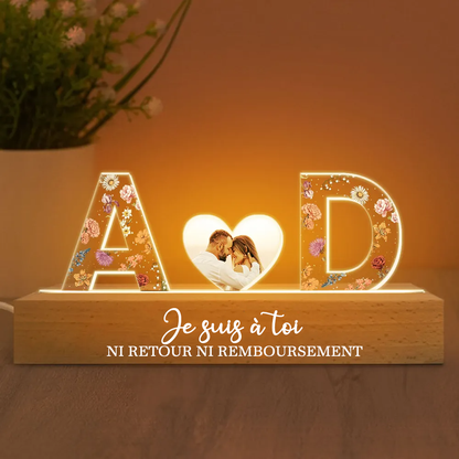 Veilleuse LED personnalisée avec 2 lettres, photo et texte