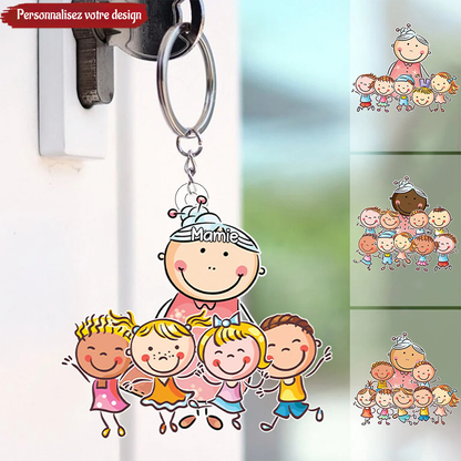 Porte-clés en acrylique personnalisé "Grand-mère et enfants en dessin animé"
