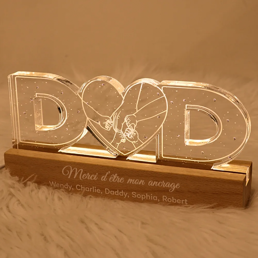 Veilleuse personnalisée "DAD" avec motif main dans la main – Cadeau pour papa