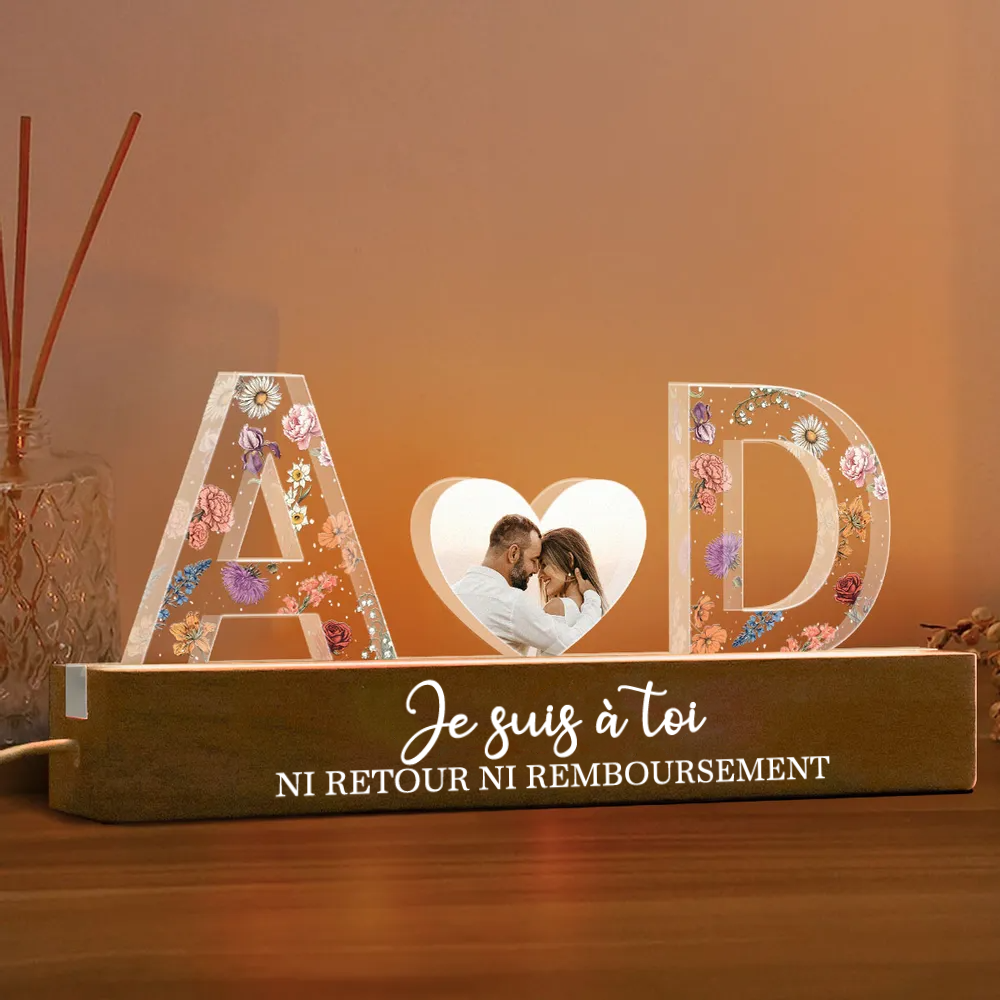 Veilleuse LED personnalisée avec 2 lettres, photo et texte
