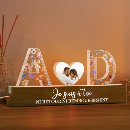 Veilleuse LED personnalisée avec 2 lettres, photo et texte
