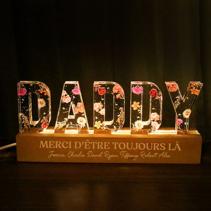 Veilleuse LED personnalisée DADDY avec fleurs de naissance, citations et prénoms – Cadeau pour papa