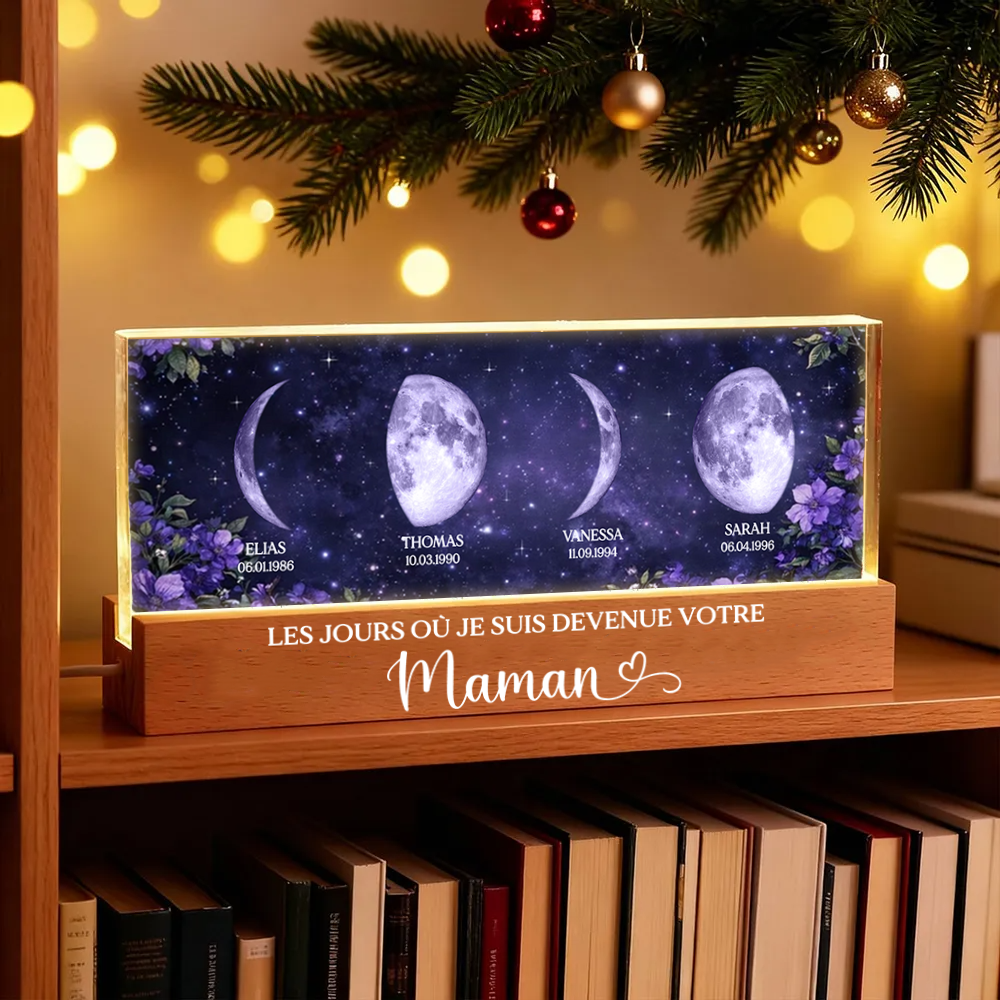 Fleurs violettes – Veilleuse LED personnalisée avec phases de lune et texte – Cadeau pour maman et mamie