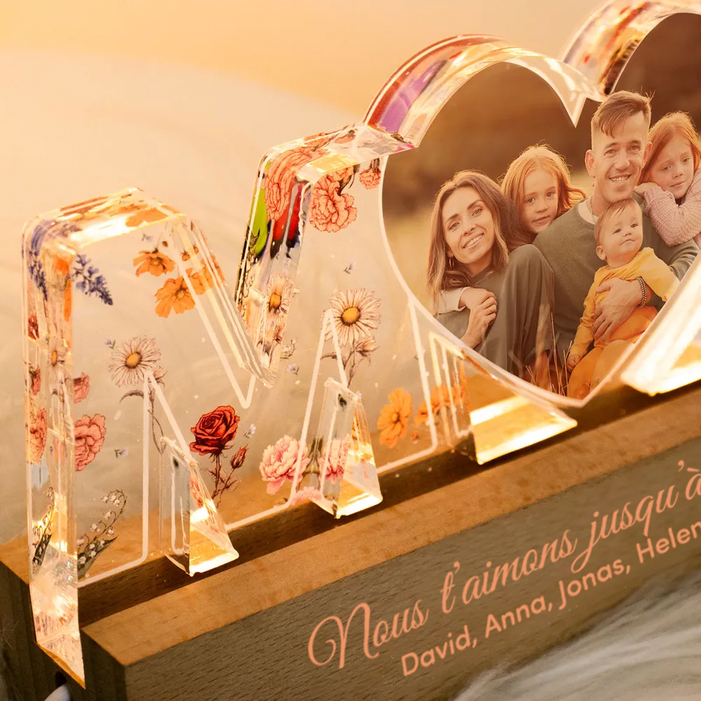 Veilleuse personnalisée "MOM" avec photo et fleurs de naissance pour maman