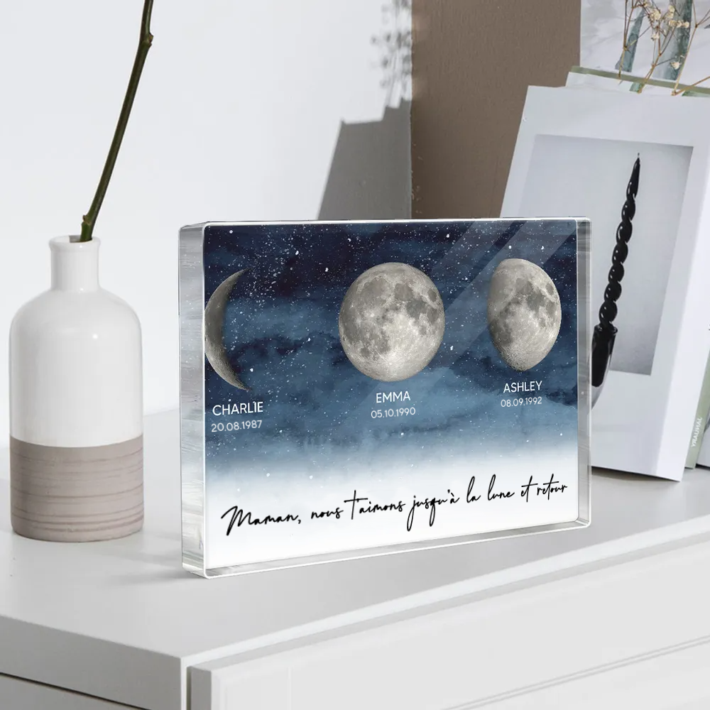 Bloc acrylique personnalisé avec phases lunaires et texte Cadeau pour papa et maman