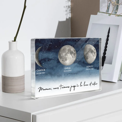 Bloc acrylique personnalisé avec phases lunaires et texte Cadeau pour papa et maman