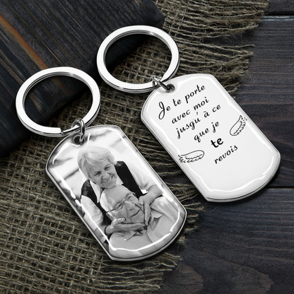 Porte-clés photo avec texte, porte-clés en acier inoxydable avec résine époxy Cadeau de deuil