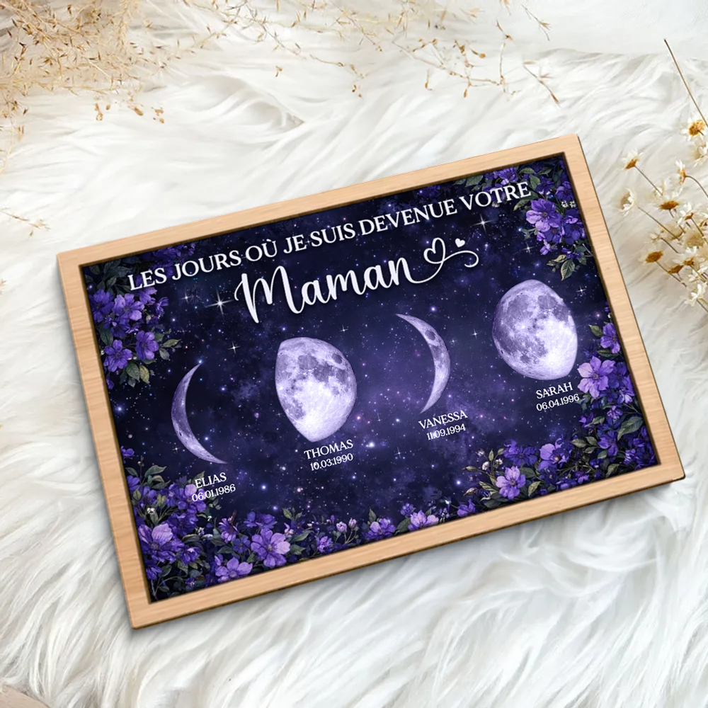 Fleurs violettes et phases de lune – Présentoir en bois personnalisé – Cadeau pour maman