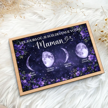 Fleurs violettes et phases de lune – Présentoir en bois personnalisé – Cadeau pour maman