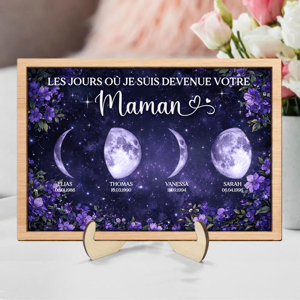 Fleurs violettes et phases de lune – Présentoir en bois personnalisé – Cadeau pour maman
