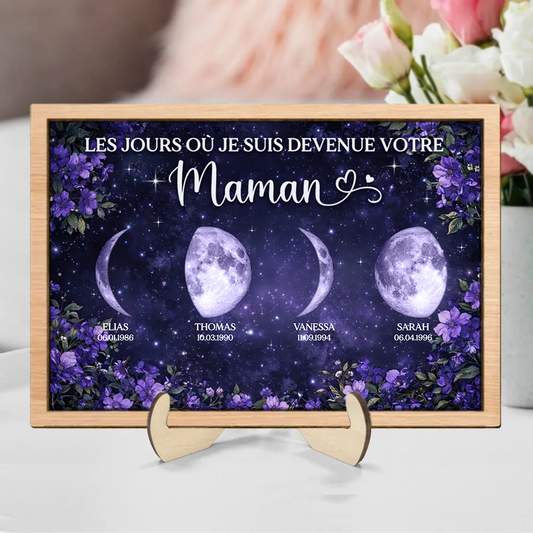 Fleurs violettes et phases de lune – Présentoir en bois personnalisé – Cadeau pour maman