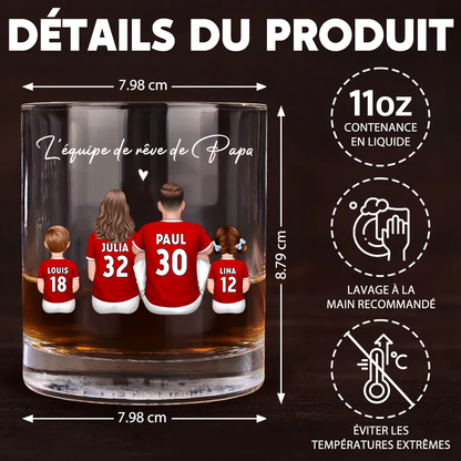 L’équipe de foot de Papa – Verre à whisky personnalisé avec 2 à 5 personnages, cadeau pour papa