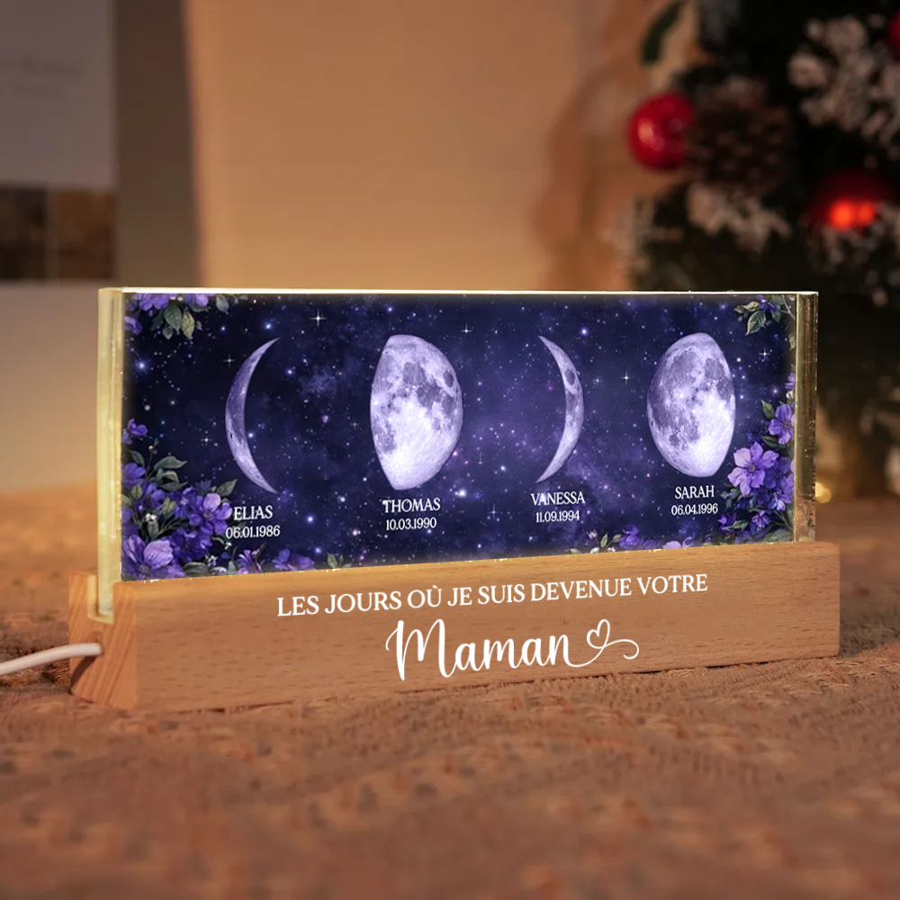 Fleurs violettes – Veilleuse LED personnalisée avec phases de lune et texte – Cadeau pour maman et mamie