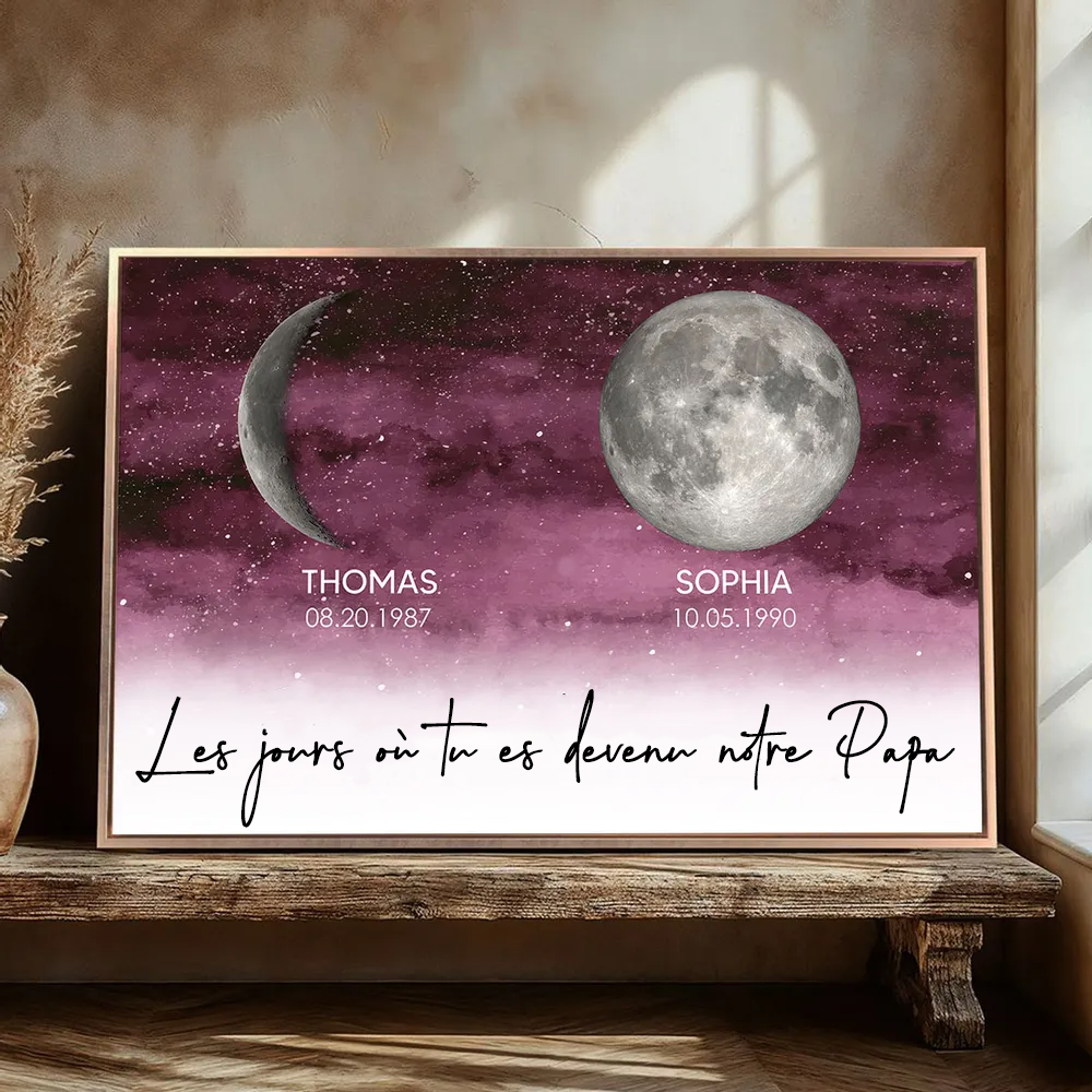 Affiche personnalisée des phases de la lune avec cadre en bois – Cadeau pour Maman et Papa