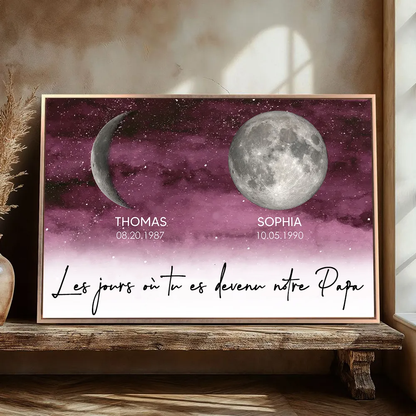 Affiche personnalisée des phases de la lune avec cadre en bois – Cadeau pour Maman et Papa