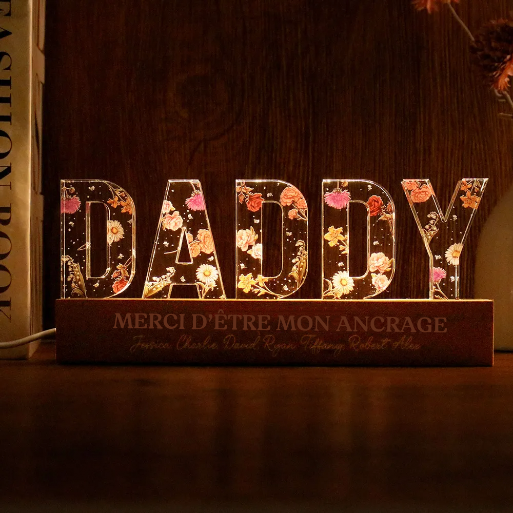 Veilleuse LED personnalisée DADDY avec fleurs de naissance, citations et prénoms – Cadeau pour papa